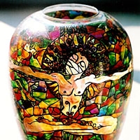 Peinture sur vase en verre